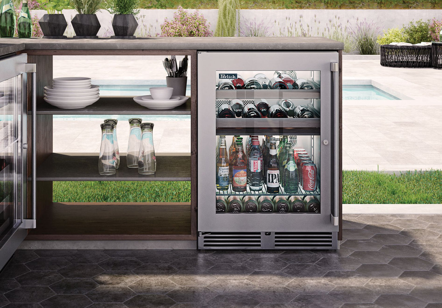 Perlick Signature Series 24" Outdoor Dual-Zone Refrigerator/Wine Reserve with Stainless Steel Glass Door Hinge Left with Lock