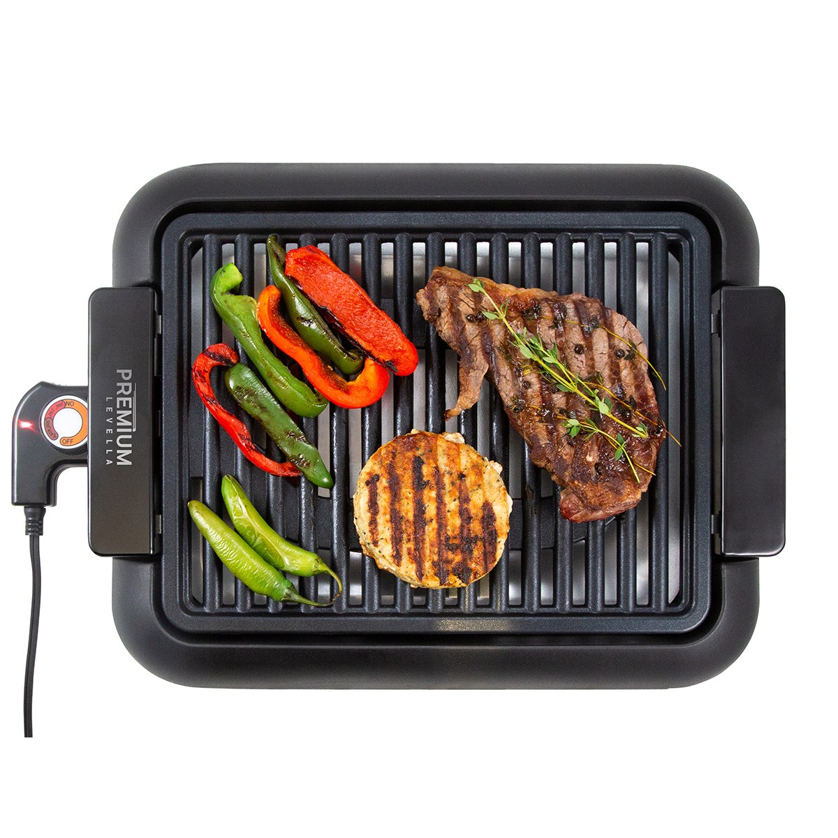 Premium Levella 12" Black Non-stick Electric Indoor Grill With Detachable Oil Tray and Plate