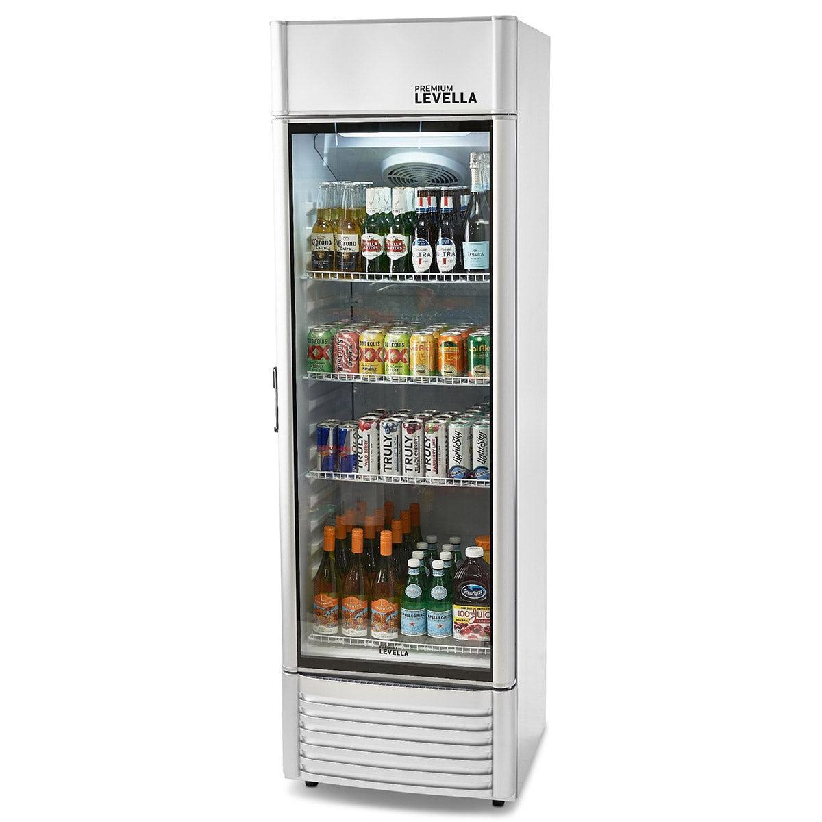Premium Levella 12.5 Cu. Ft Silver Commercial Upright Beverage Display Refrigerator With Single Glass Door and Safety Lock - Holds 280pcs 12oz Cans