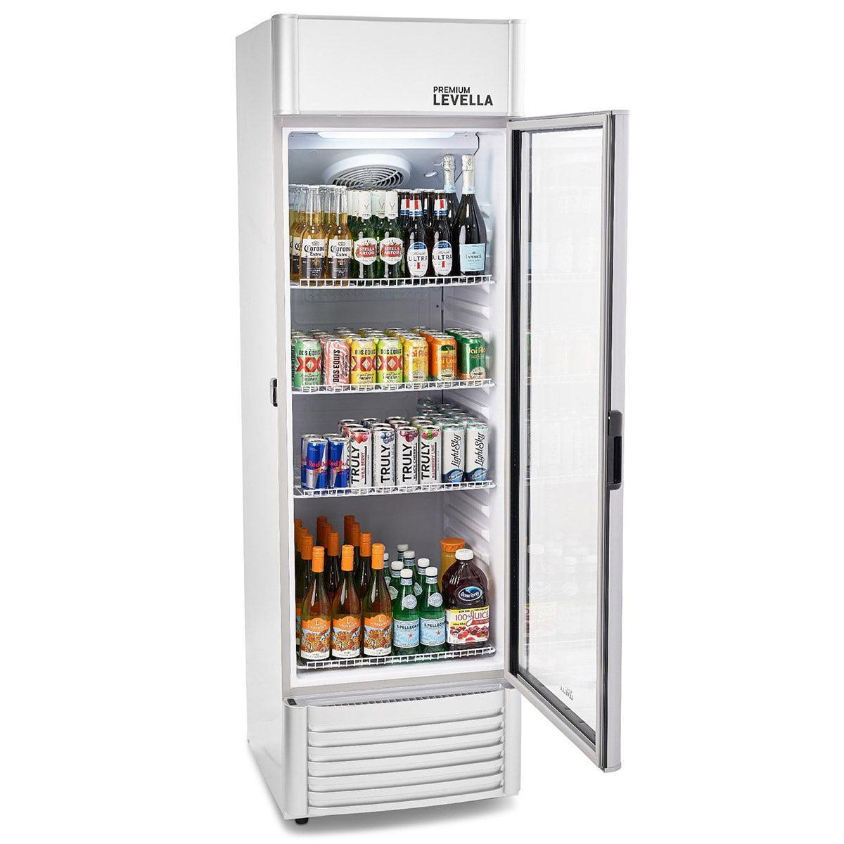 Premium Levella 12.5 Cu. Ft Silver Commercial Upright Beverage Display Refrigerator With Single Glass Door and Safety Lock - Holds 280pcs 12oz Cans