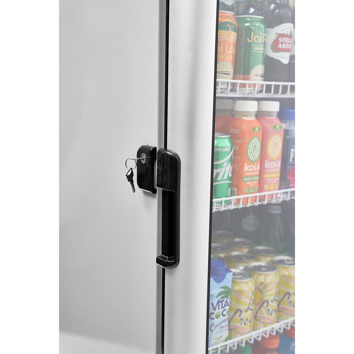Premium Levella 12.5 Cu. Ft Silver Commercial Upright Beverage Display Refrigerator With Single Glass Door and Safety Lock - Holds 280pcs 12oz Cans