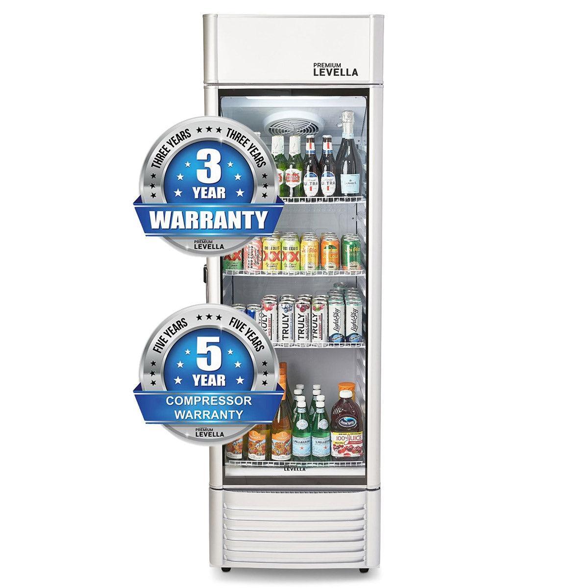 Premium Levella 12.5 Cu. Ft Silver Commercial Upright Beverage Display Refrigerator With Single Glass Door and Safety Lock - Holds 280pcs 12oz Cans