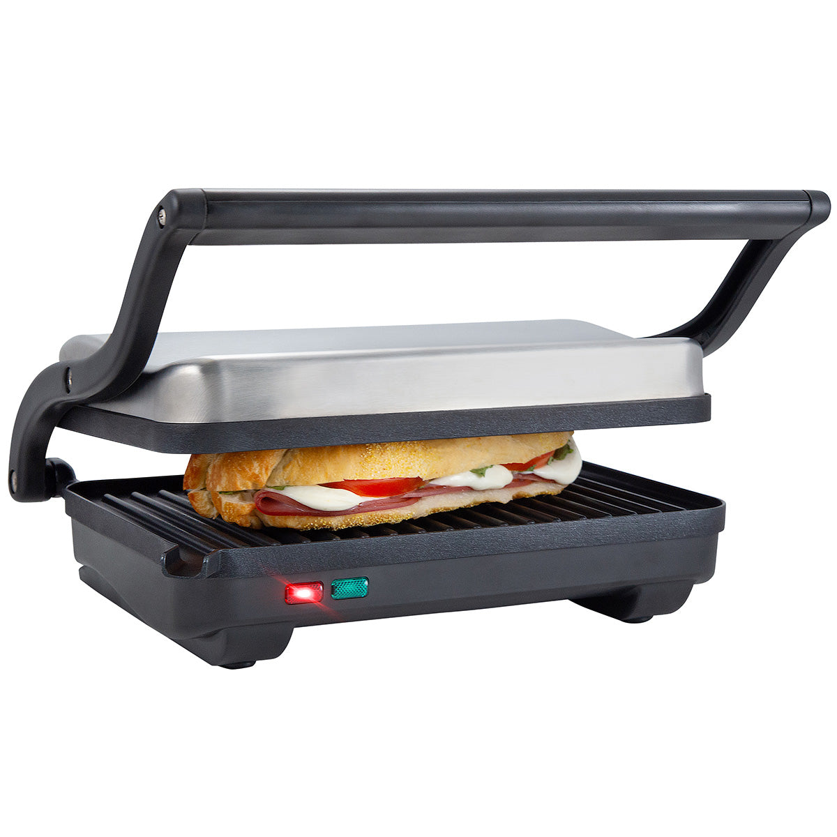 Premium Levella 2-Slice Brushed Stainless Steel Panini Maker With Non-stick Coated Plates and Drip Tray