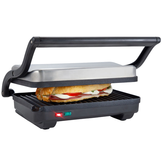 Premium Levella 2-Slice Brushed Stainless Steel Panini Maker With Non-stick Coated Plates and Drip Tray