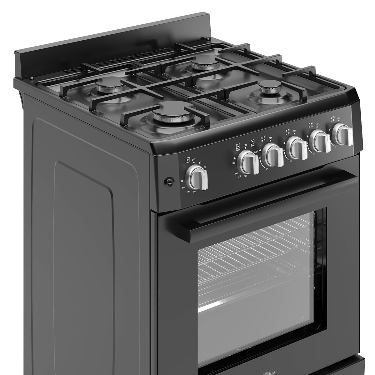 Premium Levella 24" Black Gas Range With 4 SABAF Burners, 2 Grids, 1 Trivet Grill, and 1 Baking Tray
