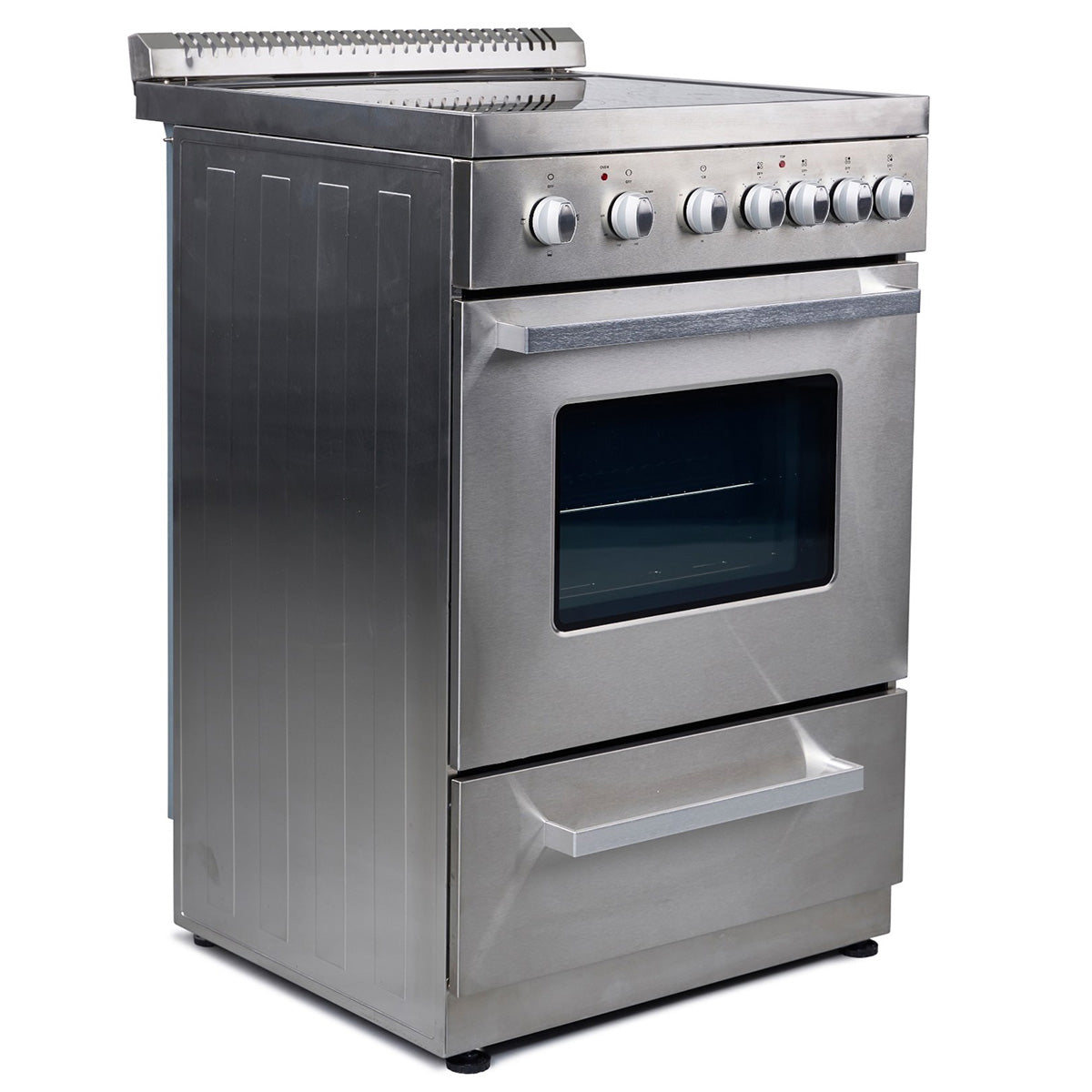 Premium Levella 24" Brushed Silver Freestanding Electric Stove With 4 Burners, 1 Bake Tray, 1 Bake Wire, and 1 Removable Crumb Tray