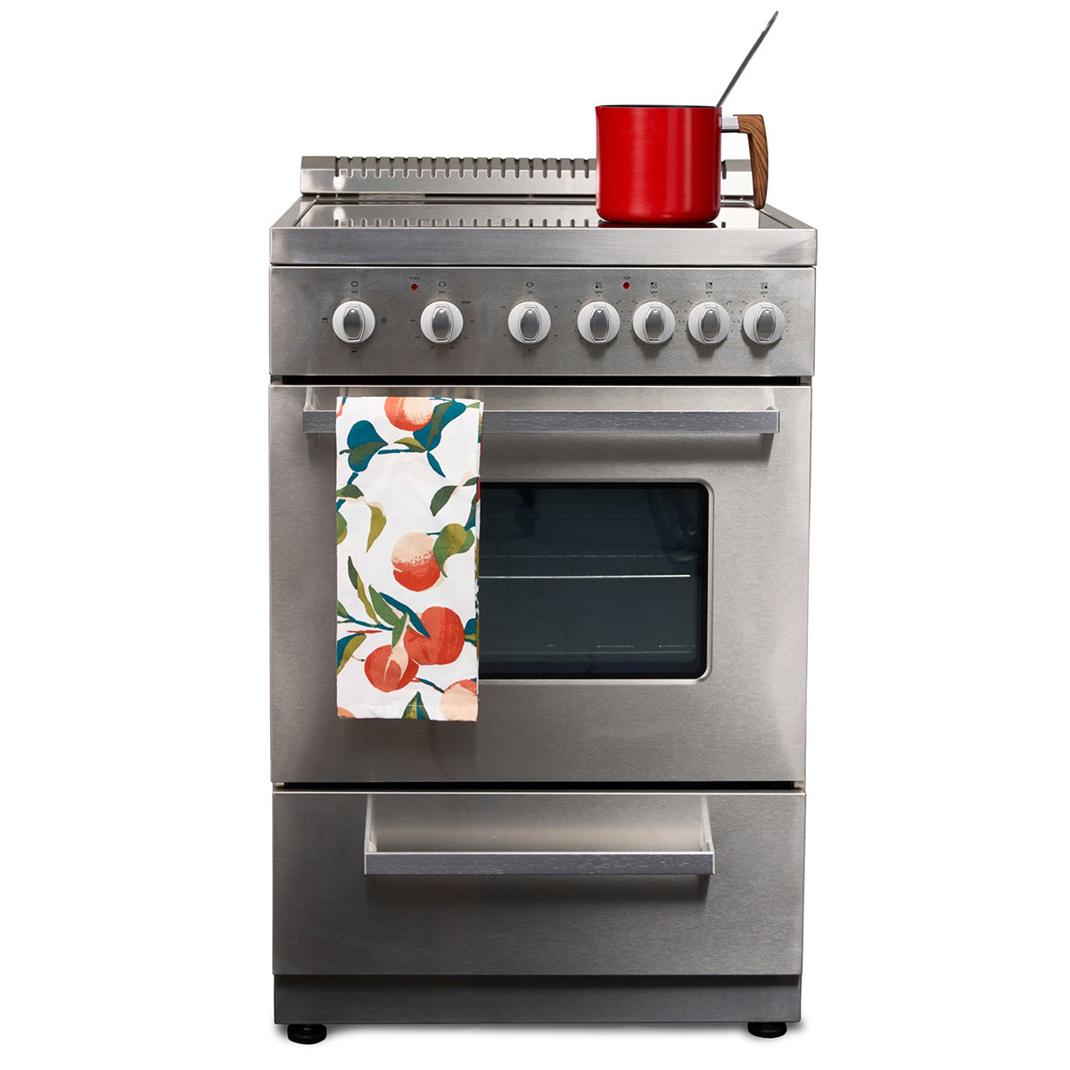 Premium Levella 24" Brushed Silver Freestanding Electric Stove With 4 Burners, 1 Bake Tray, 1 Bake Wire, and 1 Removable Crumb Tray