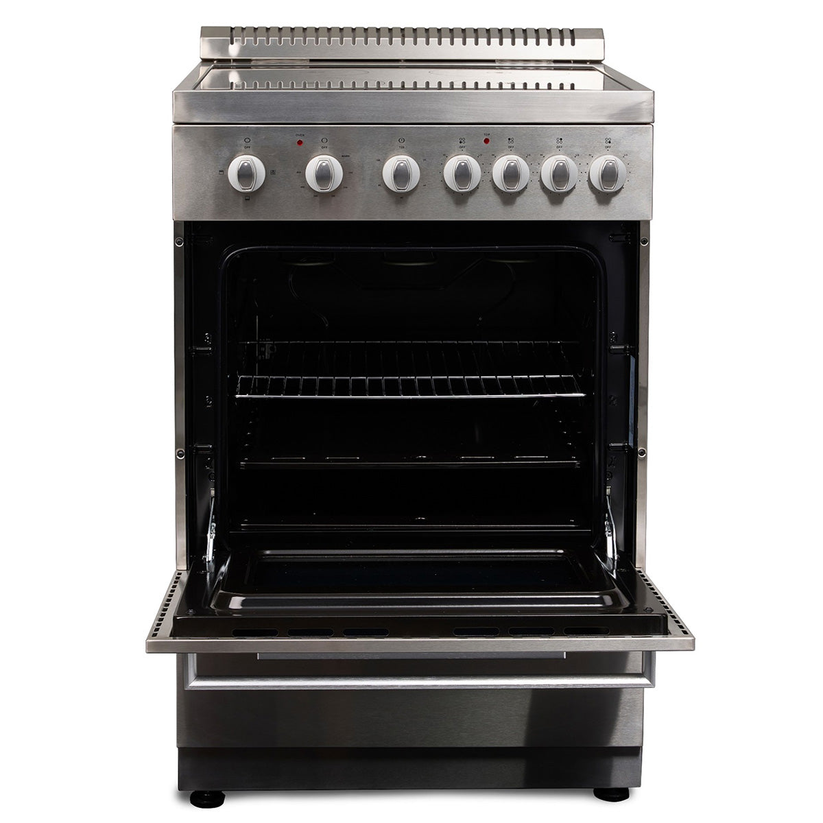Premium Levella 24" Brushed Silver Freestanding Electric Stove With 4 Burners, 1 Bake Tray, 1 Bake Wire, and 1 Removable Crumb Tray