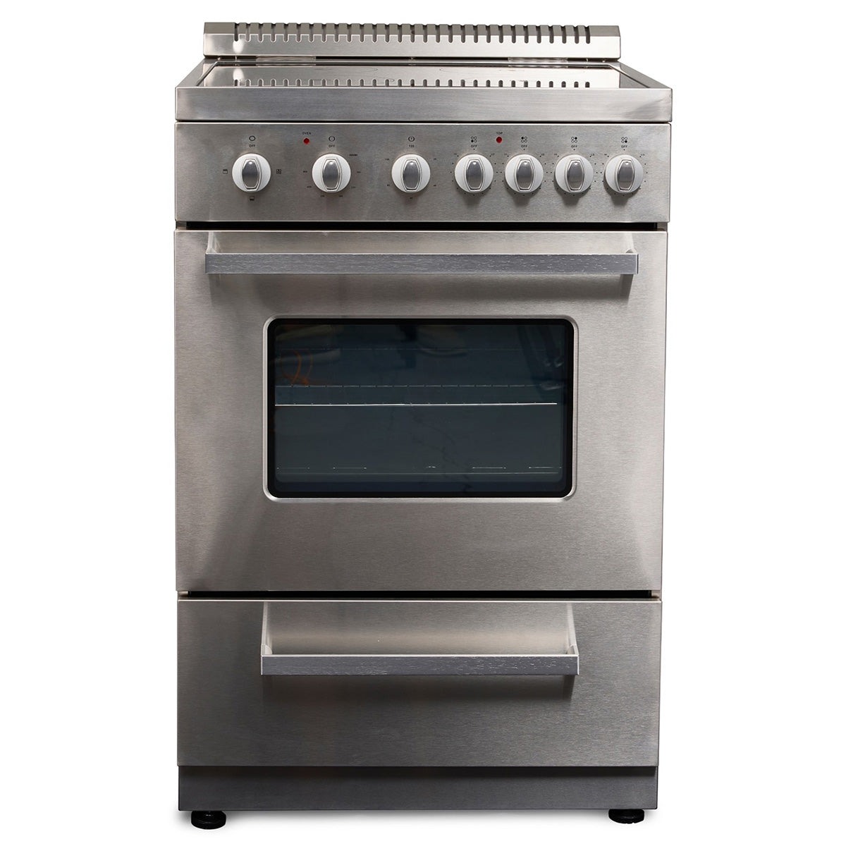 Premium Levella 24" Brushed Silver Freestanding Electric Stove With 4 Burners, 1 Bake Tray, 1 Bake Wire, and 1 Removable Crumb Tray