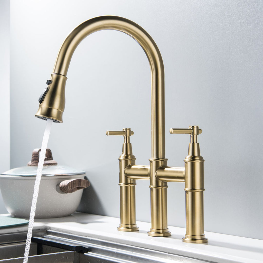 RBROHANT 3 Hole Bridge Kitchen Faucet with Pull Down Sprayer Brushed Gold RB1175
