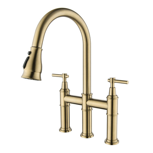 RBROHANT 3 Hole Bridge Kitchen Faucet with Pull Down Sprayer Brushed Gold RB1175