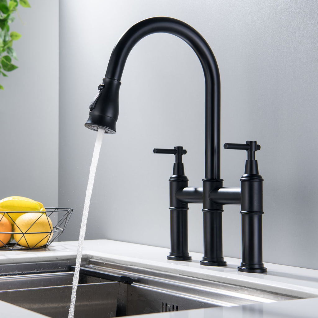RBROHANT Two Handle Bridge Kitchen Sink Faucet with Pull Down Sprayhead Solid Brass RB1155