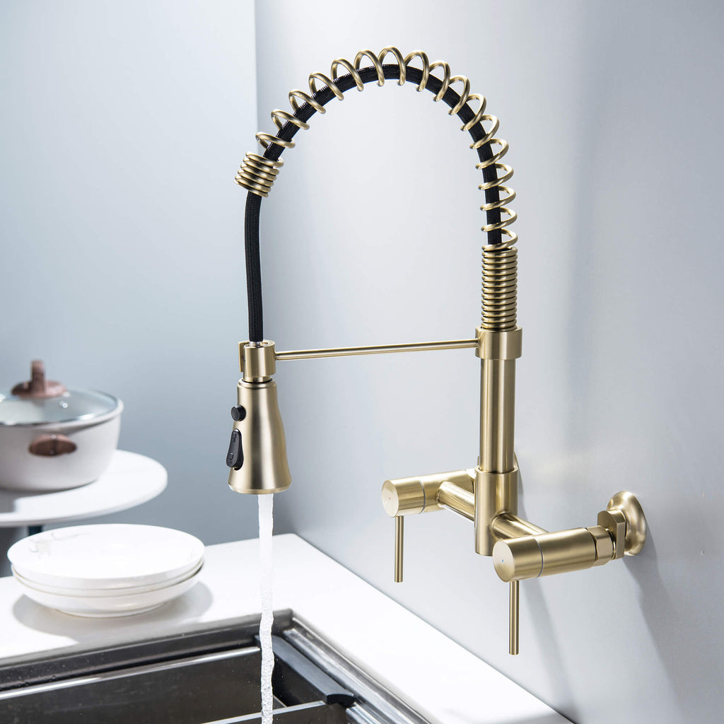 RBROHANT Wall Mounted Pull Down Two Handle Kitchen Faucet Brushed Gold RB1157