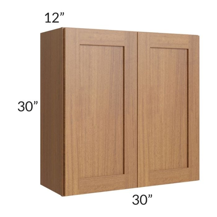RTA Artisan Walnut Shaker 30" x 30" Wall Cabinet with 2 Decorative End Panels and Glass Door