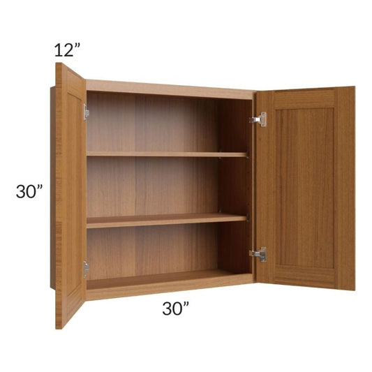 RTA Artisan Walnut Shaker 30" x 30" Wall Cabinet with 2 Decorative End Panels and Glass Door