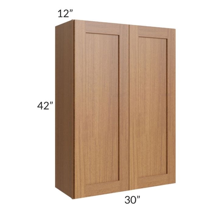 RTA Artisan Walnut Shaker 30" x 42" Wall Cabinet with 2 Decorative End Panels and Glass Door