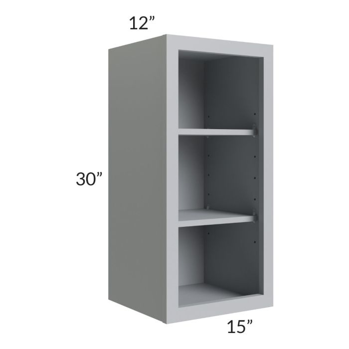 RTA Asheville Grey Shaker 15" x 30" Wall Open Cabinet with 2 Decorative End Panels