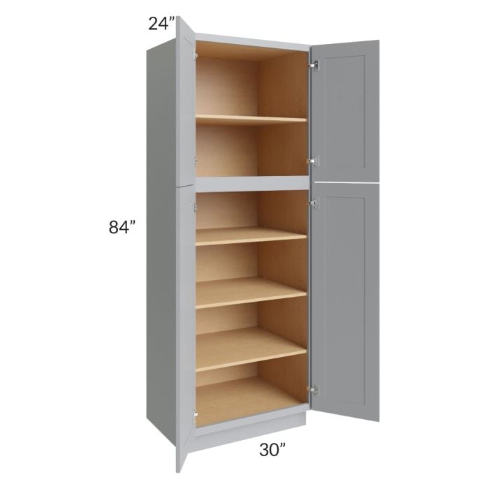 RTA Asheville Grey Shaker 30" x 84" Wall Pantry Cabinet with 2 Roll Out Trays and 1 Decorative End Panel