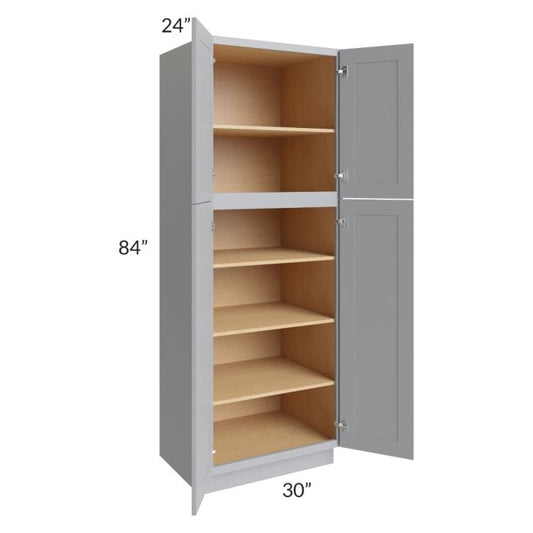 RTA Asheville Grey Shaker 30" x 84" Wall Pantry Cabinet with 3 Roll Out Tray and 2 Decorative End Panels
