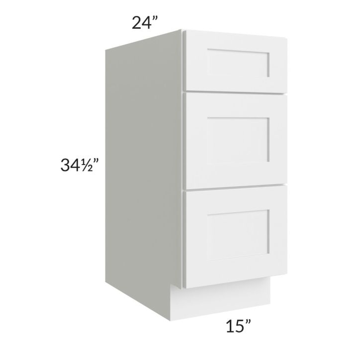 RTA Asheville White Shaker 15" 3-Drawer Base Cabinet with 1 Decorative End Panel