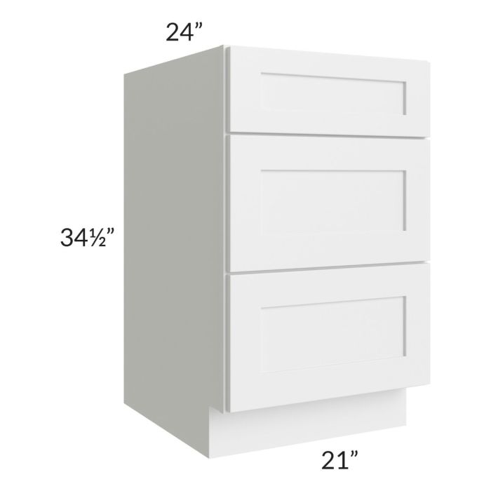 RTA Asheville White Shaker 21" 3-Drawer Base Cabinet with 1 Decorative End Panel