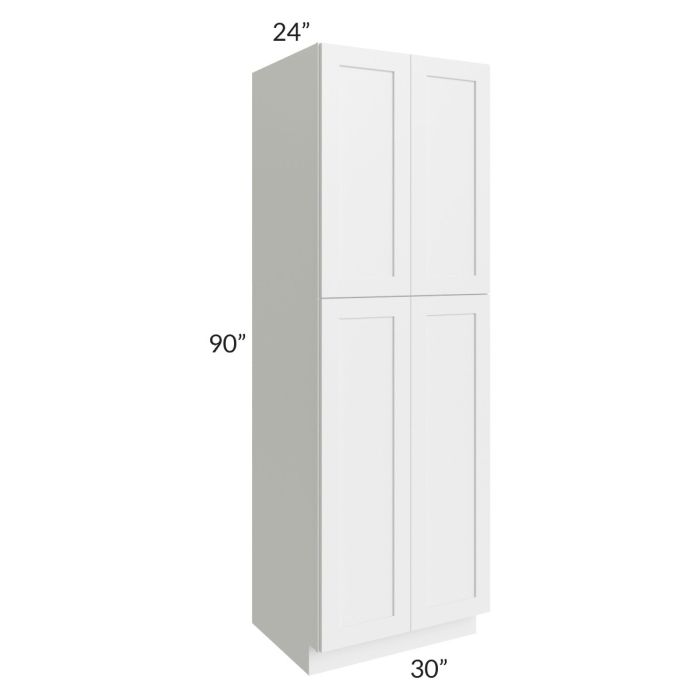RTA Asheville White Shaker 30" x 90" Wall Pantry Cabinet with 2 Roll Out Trays and 1 Decorative End Panel