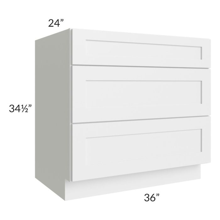 RTA Asheville White Shaker 36" 3-Drawer Base Cabinet with 1 Decorative End Panel