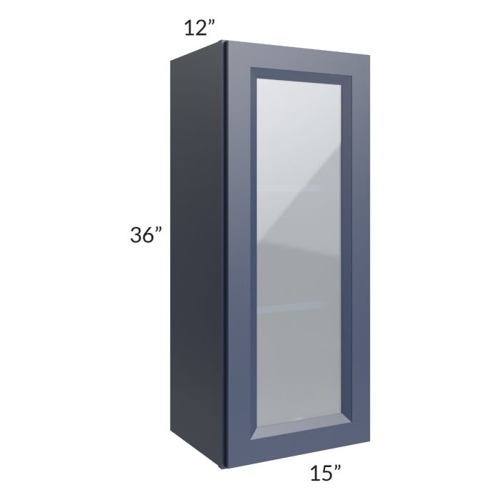 RTA Bayville Blue 15" x 36" Wall Glass Door Cabinet with 1 Decorative End Panel