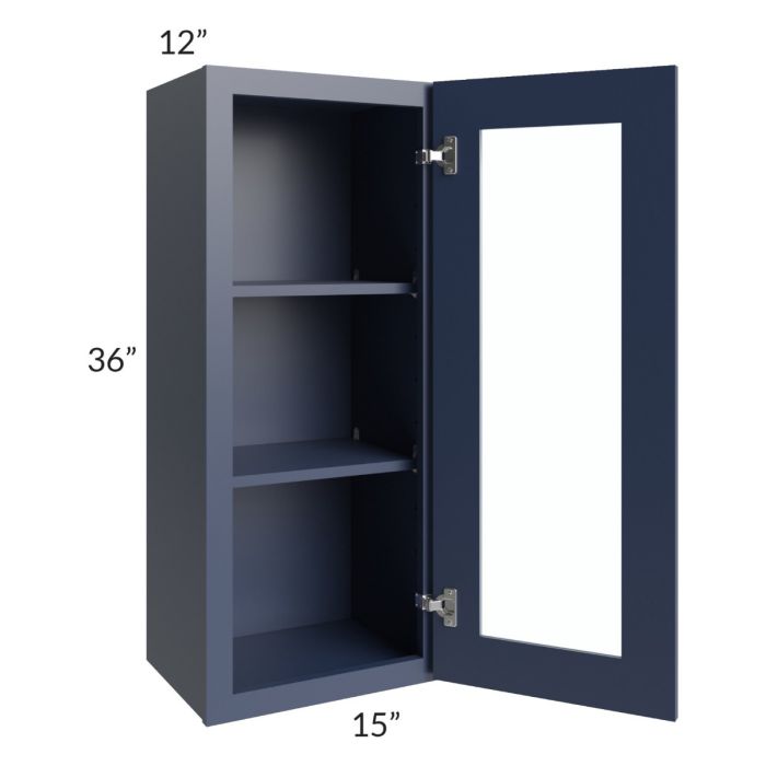 RTA Bayville Blue 15" x 36" Wall Glass Door Cabinet with 1 Decorative End Panel