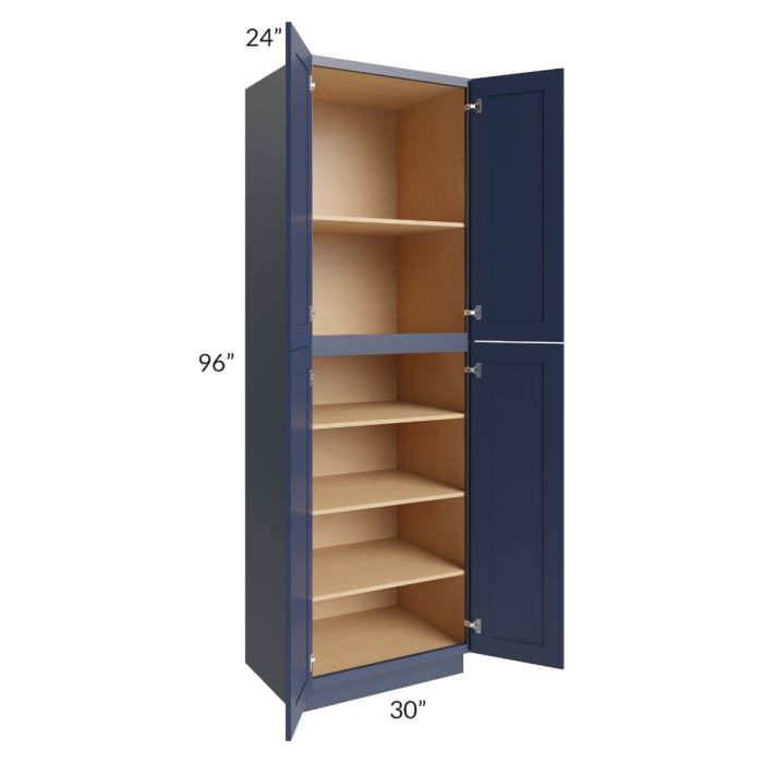 RTA Bayville Blue 30" x 96" Wall Pantry Cabinet with 1 Decorative End Panel and 4 Roll Out Trays