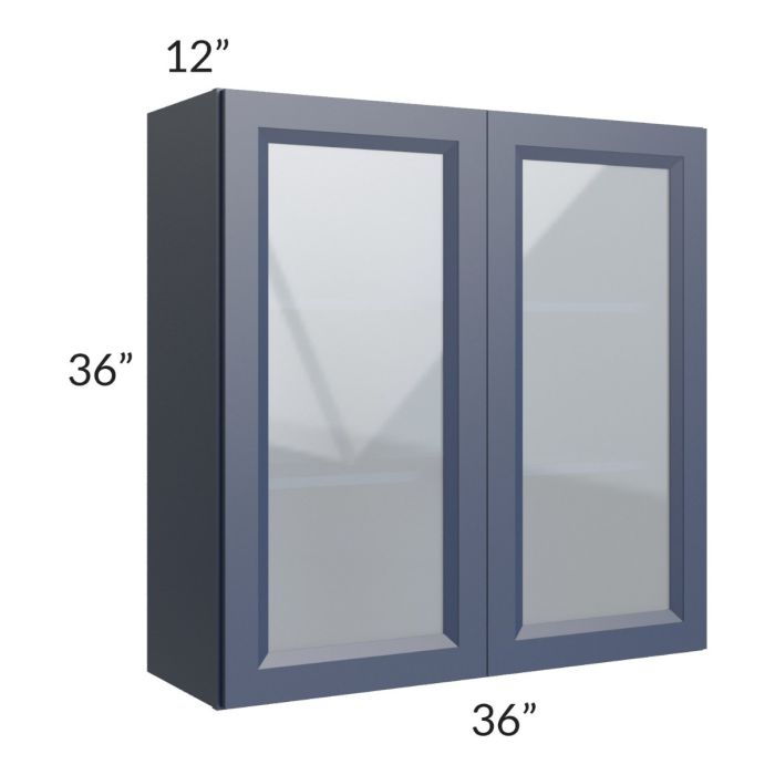 RTA Bayville Blue 36" x 36" Wall Glass Door Cabinet with 1 Decorative End Panel