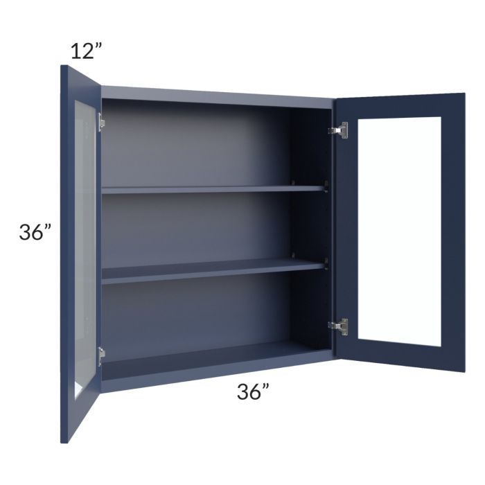 RTA Bayville Blue 36" x 36" Wall Glass Door Cabinet with 1 Decorative End Panel