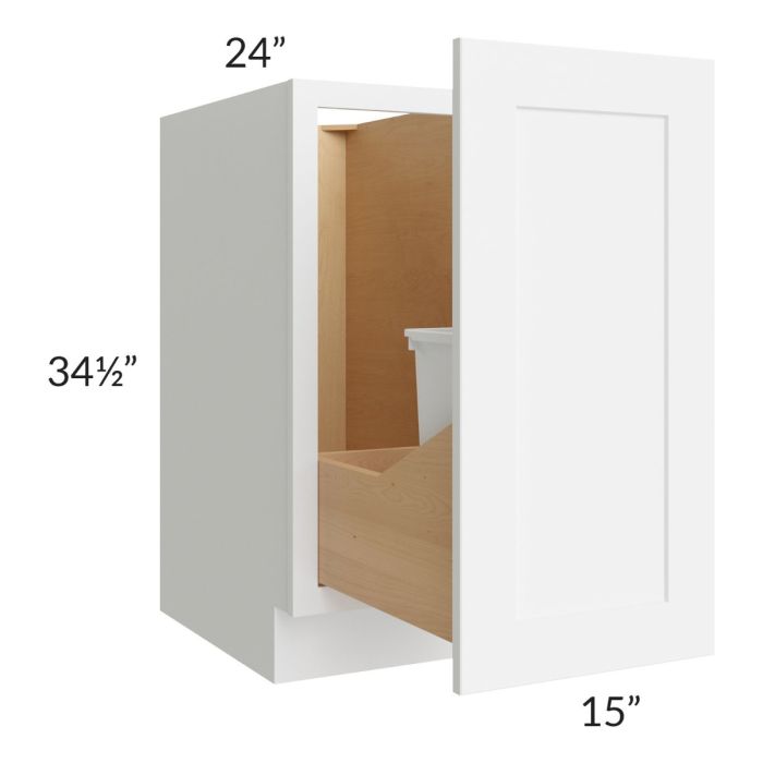 RTA Brilliant White Shaker 15" Full Height Door Base Cabinet with Single Trashcan Pullout with 2 Decorative END Panels