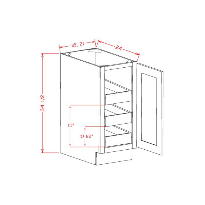 RTA Brilliant White Shaker 18" Full Height Door Base Cabinet with 3 Rollout Trays