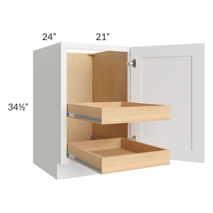 RTA Brilliant White Shaker 21" Full Height Door Base Cabinet with 2 Rollout Trays with 2 Decorative END Panels