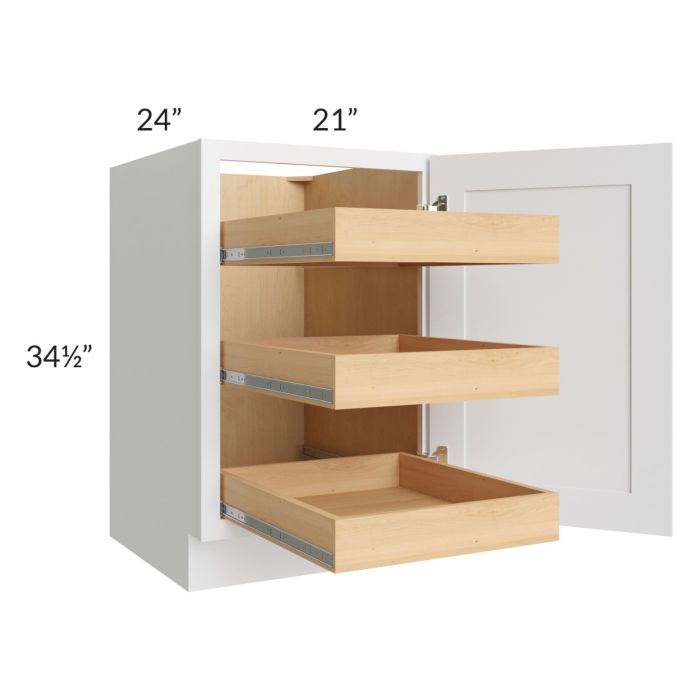 RTA Brilliant White Shaker 21" Full Height Door Base Cabinet with 3 Rollout Trays with 2 Decorative END Panels