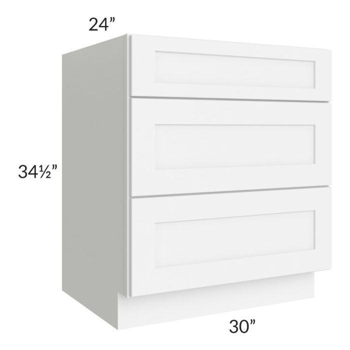 RTA Brilliant White Shaker 30" 3-Drawer Base Cabinet with 2 Decorative END Panels