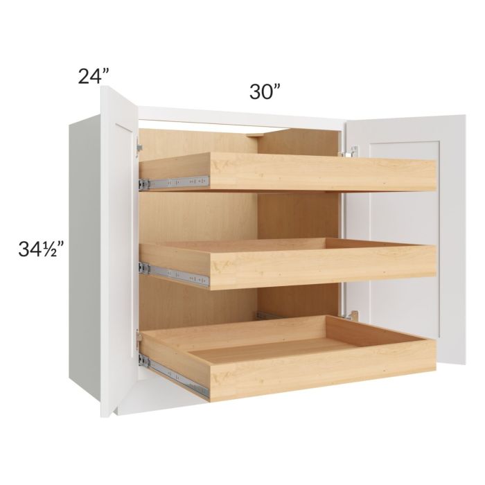 RTA Brilliant White Shaker 30" Full Height Base Cabinet with 3 Rollout Trays and 2 Decorative END Panels
