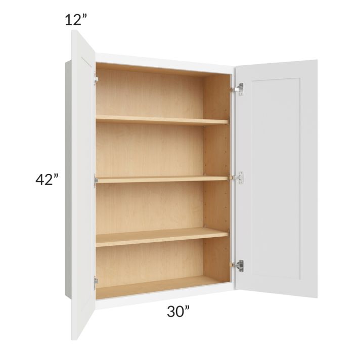 RTA Brilliant White Shaker 30" x 42" High Double Door Wall Cabinet with 1 Decorative END Panel
