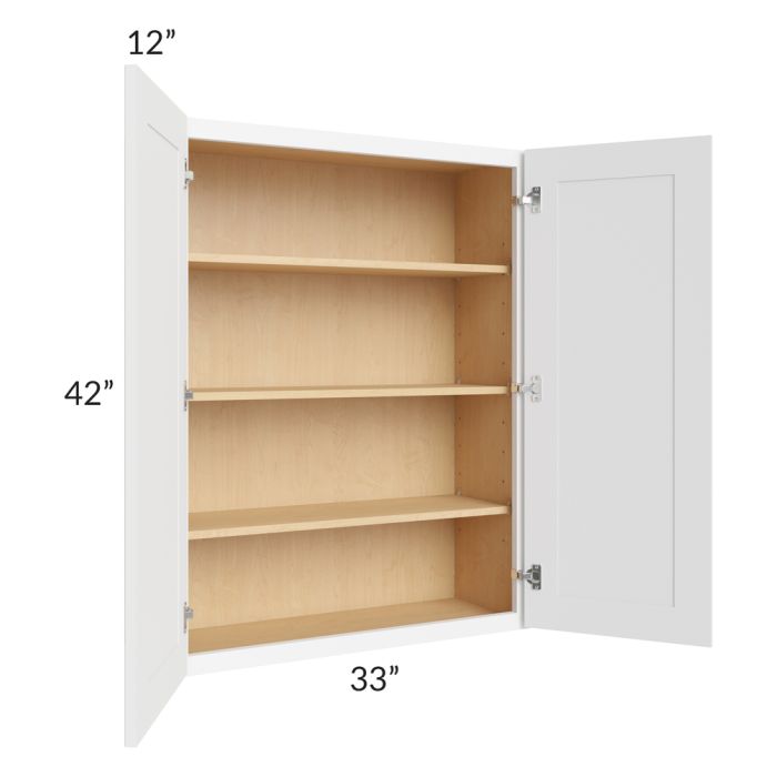 RTA Brilliant White Shaker 33" x 42" High Double Door Wall Cabinet with 1 Decorative END Panel