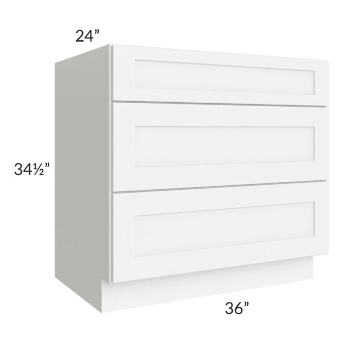 RTA Brilliant White Shaker 36" 3-Drawer Base Cabinet with 1 Decorative END Panel