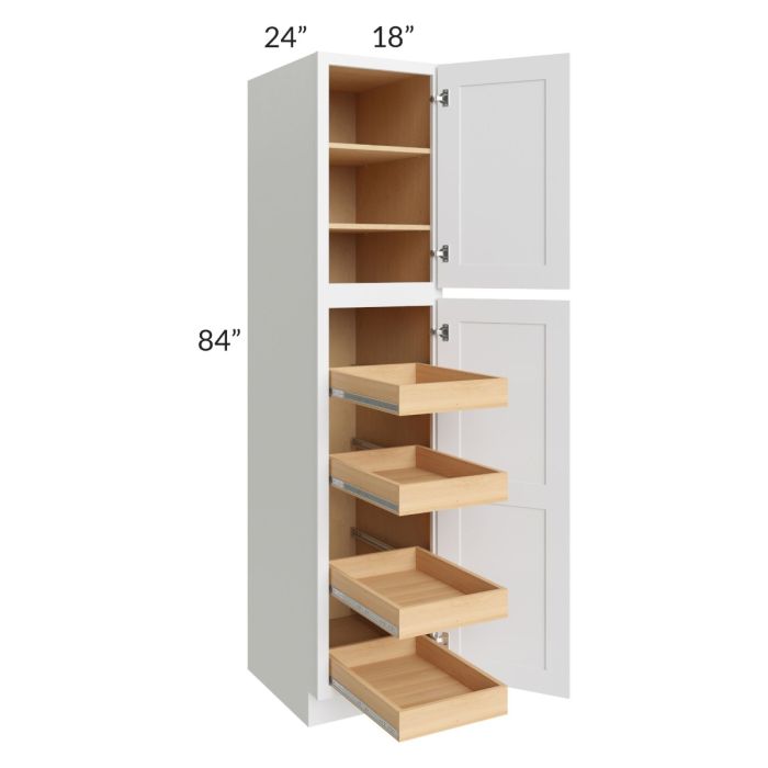 RTA Brilliant White Shaker SW-U1884244RS 18" x 84" x 24" Wall Pantry Cabinet with 4 Rollout Trays and 2 Decorative End Panels