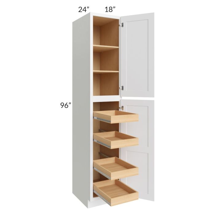RTA Brilliant White Shaker SW-U1896244RS 18" x 96" x 24" Wall Pantry Cabinet with 4 Rollout Trays and 2 Decorative End Panels