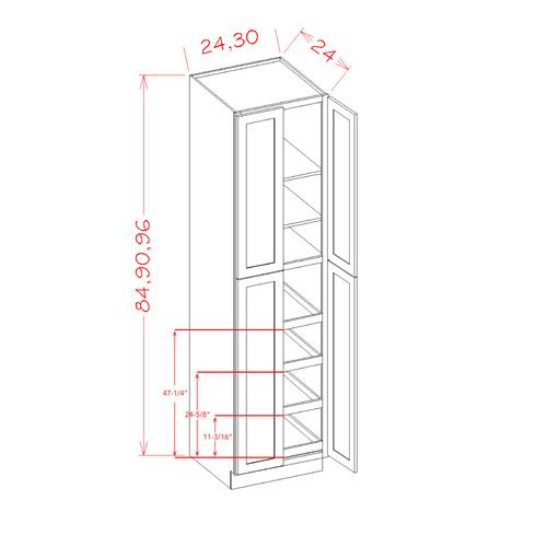 RTA Brilliant White Shaker SW-U3084244RS 30" x 84" x 24" Wall Pantry Cabinet with 4 Rollout Trays with 1 Decorative End Panel