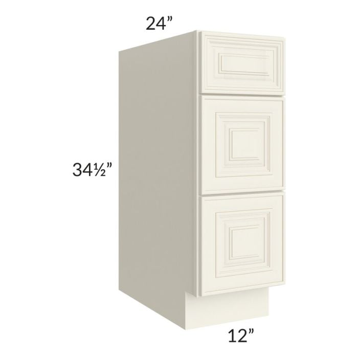 RTA Cambridge Antique White Glaze 12" 3-Drawer Base Cabinet with 2 Decorative End Panels