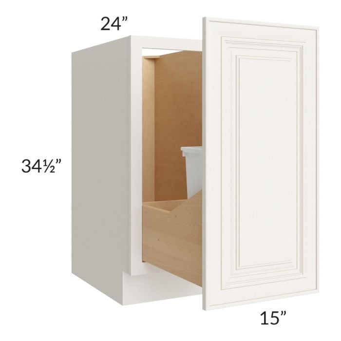 RTA Cambridge Antique White Glaze 15" Full Height Door Base Cabinet with Single Trashcan Pullout and 2 Decorative End Panels