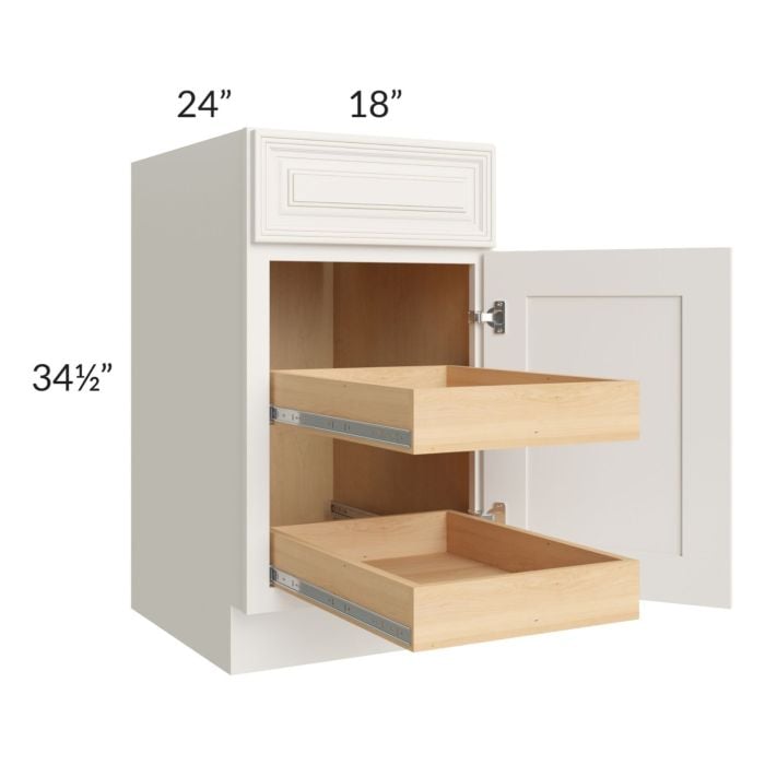 RTA Cambridge Antique White Glaze 18" Base Cabinet with 2 Rollout Trays and 1 Decorative End Panel