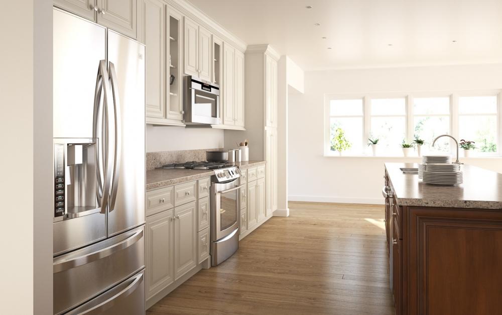 RTA Cambridge Antique White Glaze 18" x 84" x 24" Wall Pantry Cabinet with 2 Roll Out Trays