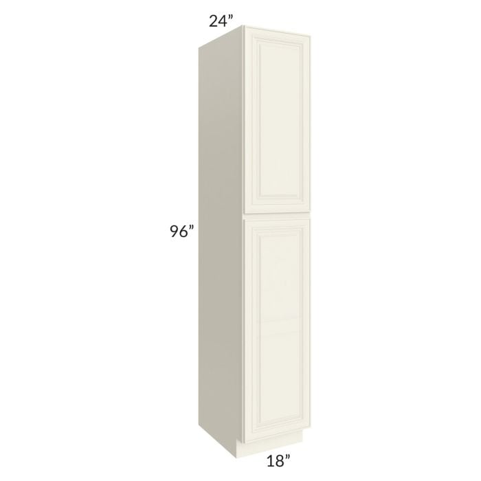 RTA Cambridge Antique White Glaze 18" x 96" x 24" Wall Pantry Cabinet with 2 Decorative End Panels and 3 Roll Out Trays