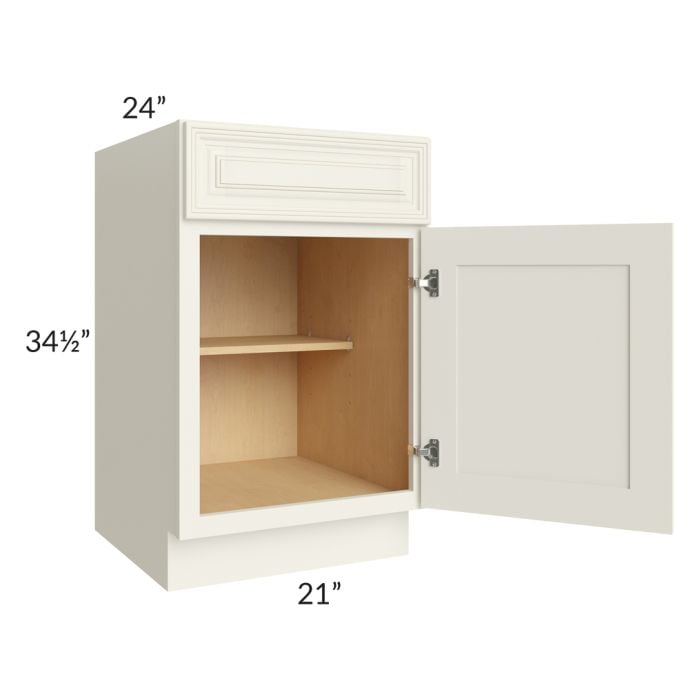 RTA Cambridge Antique White Glaze 21" Base Cabinet with 1 Decorative End Panel and 2 Roll Out Trays
